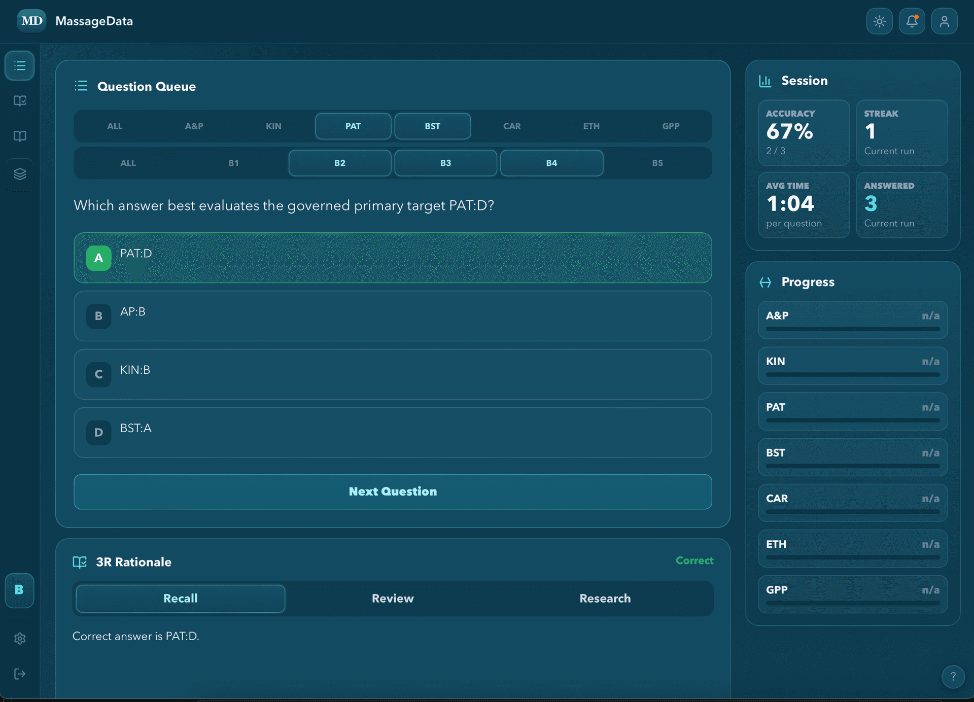 Dark-mode MassageData Learner App showing the Question Queue, domain filters, Bloom filters, Session, Progress, and 3R Rationale panels.